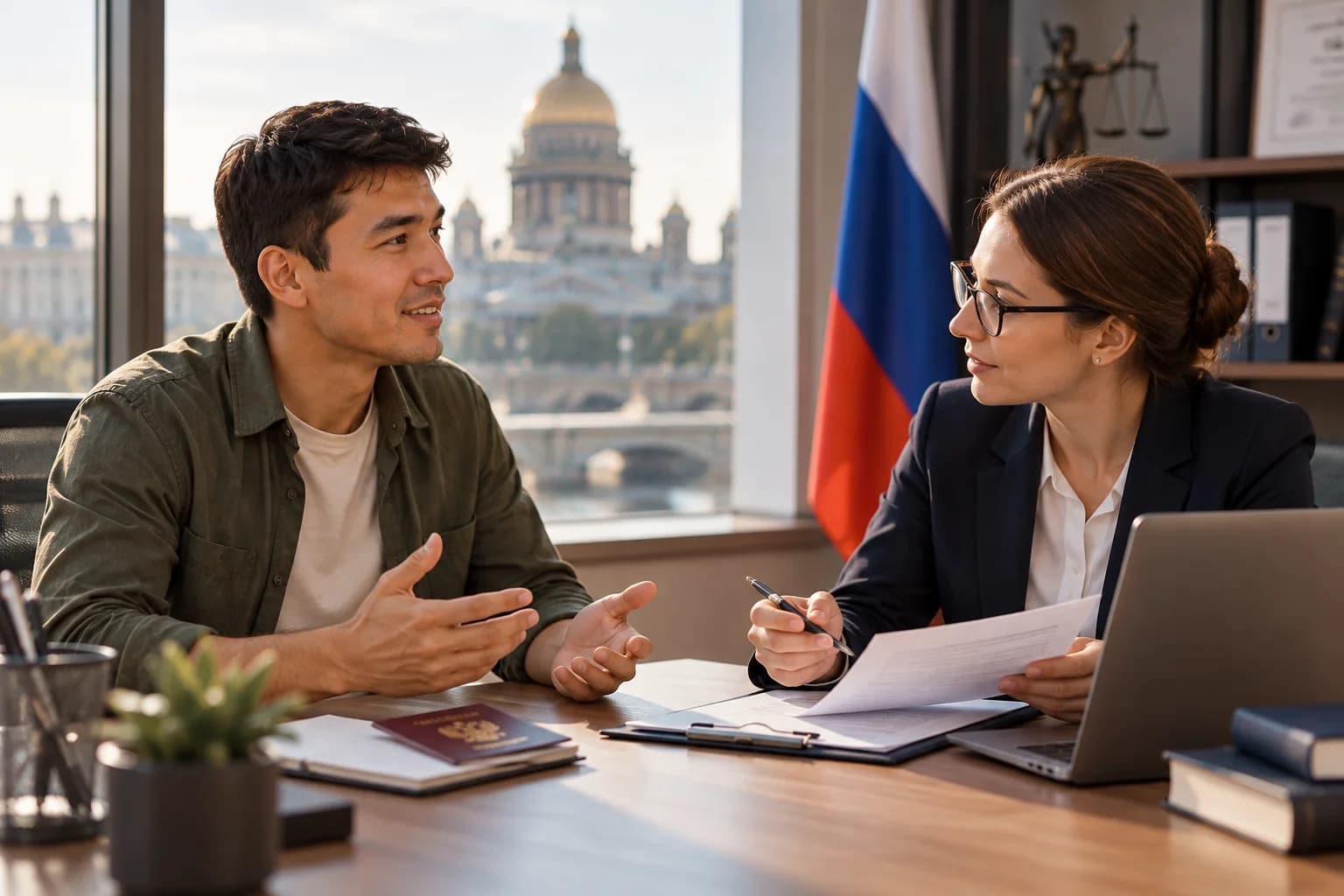 Клиент и юрист за столом с документами, за окном Петербург